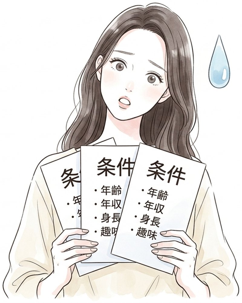 条件リストの前で頭を抱える女性。条件ばかり気にして悩む状態