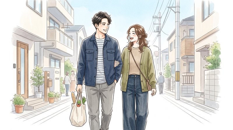 買い物袋を持って並んで楽しそうに歩く夫婦