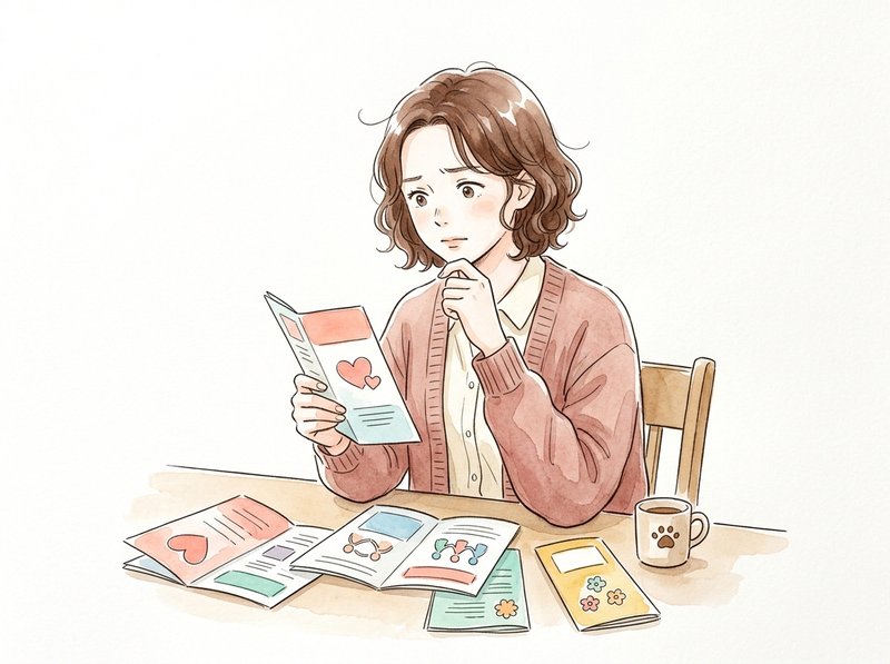 いろいろな婚活の方法のパンフレットを前に、どれにしようか考える様子