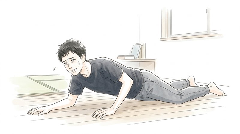 筋肉痛で床をほふく前進する男性