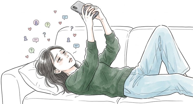 スマホを延々スワイプして疲弊している女性。アプリの消耗感