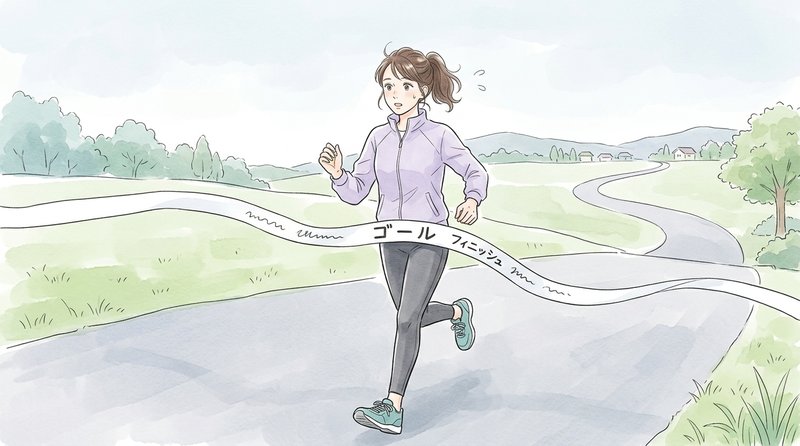 ゴールテープの先にまだ長い道が続いていることに気づく女性