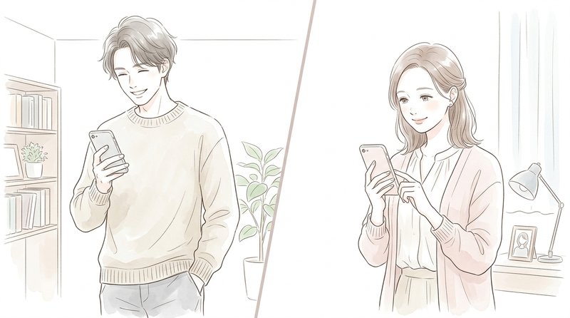 それぞれの部屋で温かいメッセージをやり取りする男女
